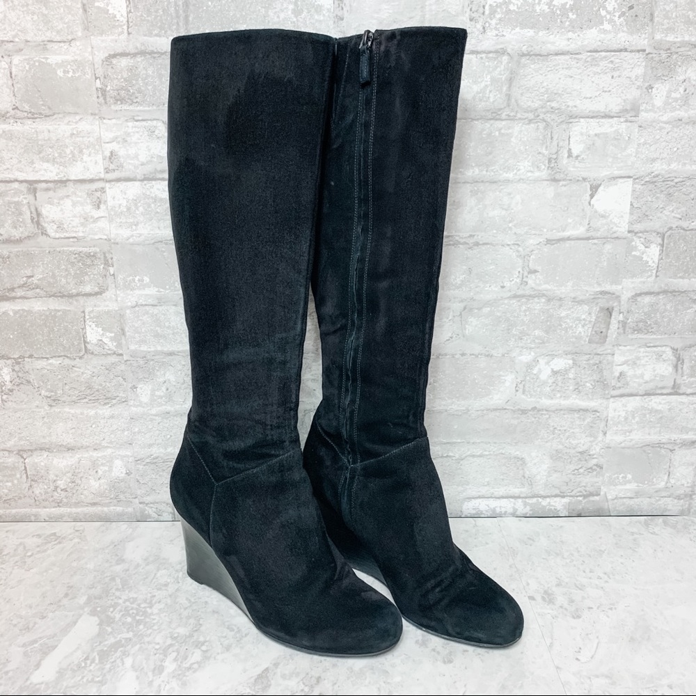 Cole Haan Knee High Black Suede Wedge Heel Boots